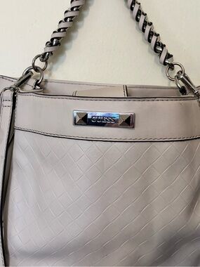 GUESS Cream Woven Shoulder Bag with Chain-Accent Strap